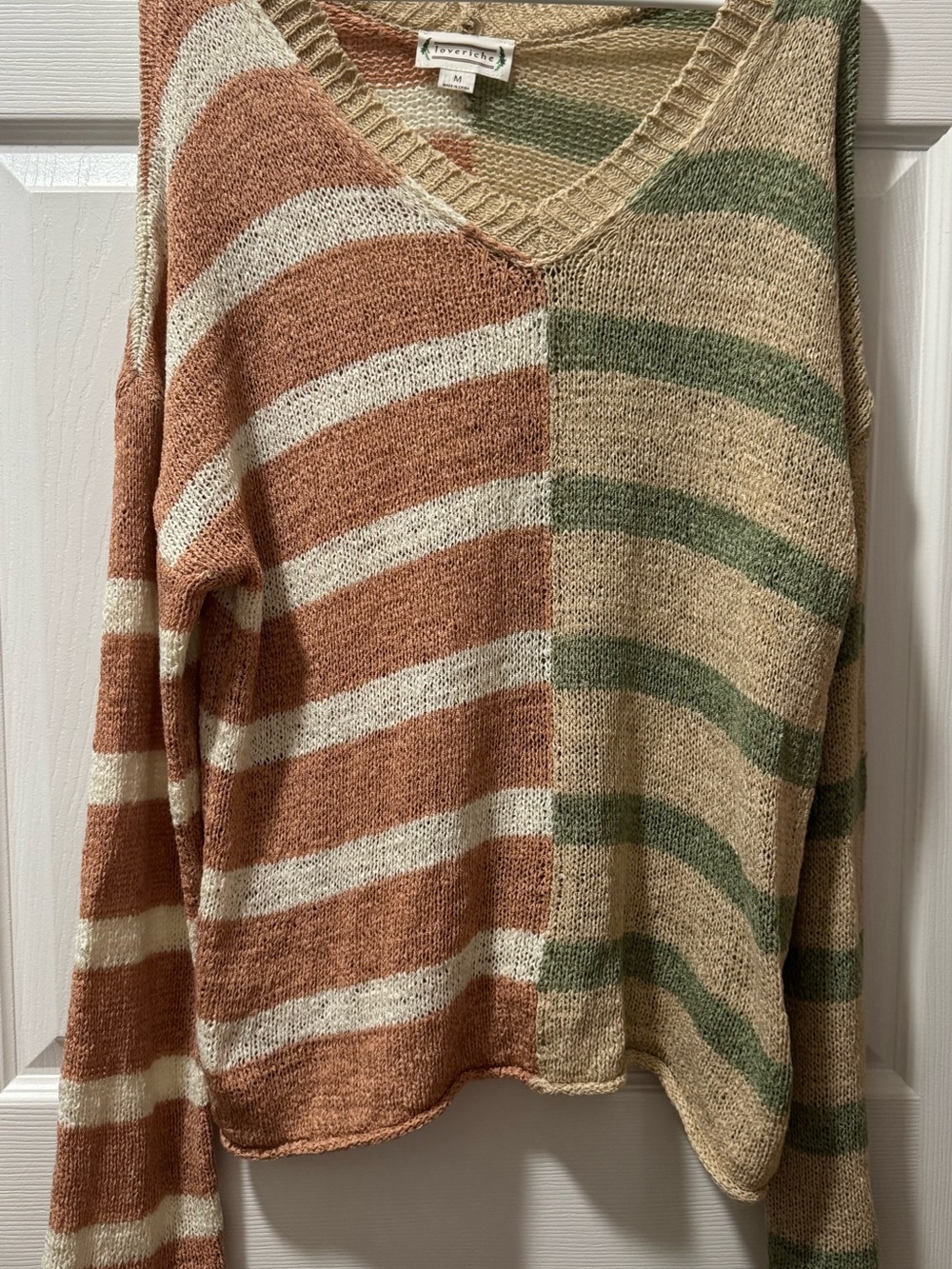 Love Riche Striped V-Neck Sweater in Rust, Cream & Sage